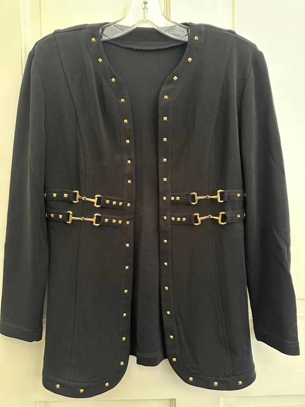 Vintage Gold Buckle & Stud-Trim Open Front Women's Blazer Jacket in Black Size 6